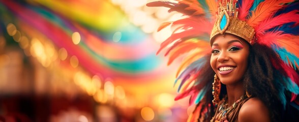 woman in colorful costume and feathers at Rio Carnival, bright colors, smiling, in the street,, blurred background, horizontal banner, large copy space for text, brazilicarnival and Mardi Gras concept - obrazy, fototapety, plakaty