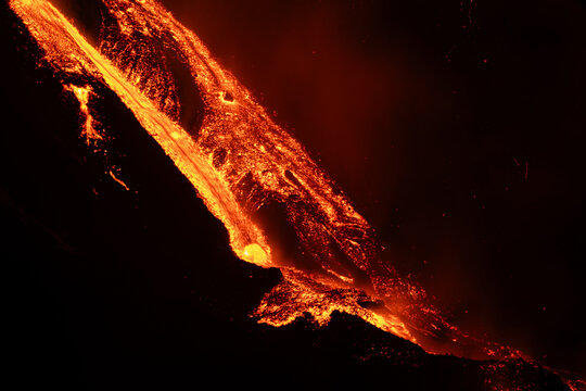 Eruptive vent with lava emis at the top of the Etna volcano