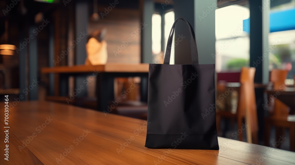 Poster a black bag sitting on top of a wooden table in front of a table with chairs and tables in the backg