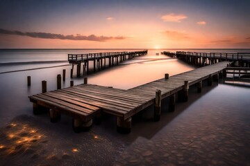 A peaceful beach at twilight, with a wooden pier extending into the water and soft lights...