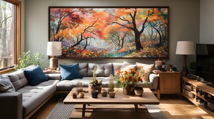 Panorama of modern living room with colorful autumn leaves painting on wall