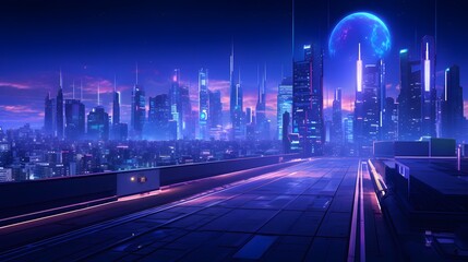 Fototapeta na wymiar Night city panorama with highway and neon lights. 3D rendering