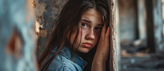 Fototapeta premium Unhappy teen girl concealing face near wall, facing struggles with school, adolescence, domestic violence, and unwanted love.