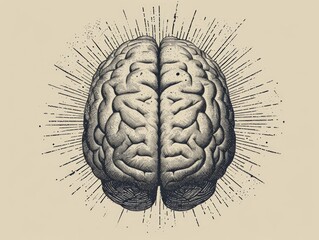 Human brain with sunburst. Hand drawn engraved style illustration for t-shirt, tattoo, emblem and other design. Generative AI - obrazy, fototapety, plakaty