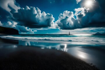 A beach with unique black sand, contrasting with the vibrant blue of the ocean and a dramatic, cloud-filled sky
