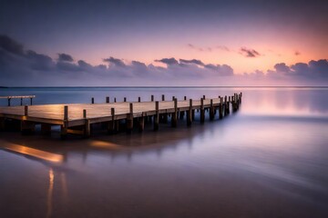 A peaceful beach at twilight, with a wooden pier extending into the water and soft lights...