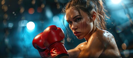 Attractive young female boxer in the ring.