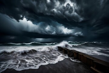 A dramatic beach scene with dark, stormy skies overhead and turbulent waves crashing against the shore. The contrast between the dark sky and the powerful sea creates a captivating view - Powered by Adobe
