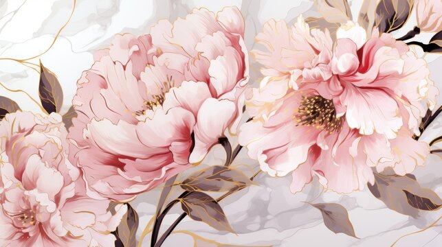  a painting of pink flowers and leaves on a white and gray background with a gold leaf design on the left side of the image.