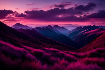 A mountain range at dusk, with the peaks casting long shadows over the valleys. The sky above is a spectacle of colors, ranging from deep violet to a soft, glowing pink - obrazy, fototapety, plakaty