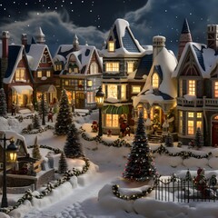 Christmas and New Year holiday background with houses, trees and garlands