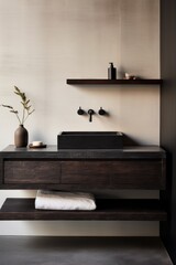 Organic modern bathroom, limewash walls, very dark wood flooring, dark countertops.