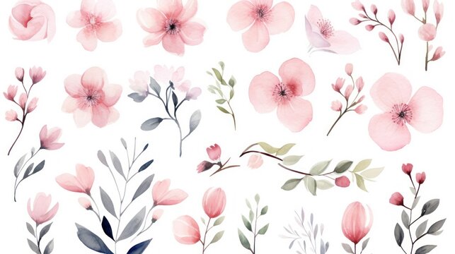  a set of watercolor pink flowers and leaves on a white background stock photo - budget - free stock photo.