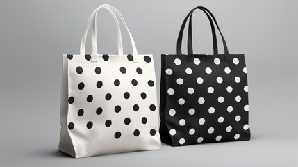  two black and white bags with white polka dots on them, one has a black and white bag with white polka dots on it, the other has a black and white polka dot.