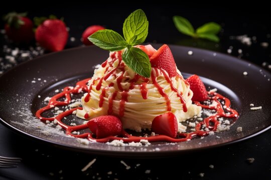 A mouthwatering display of Spaghettieis, a traditional German ice cream dessert styled like spaghetti, topped with strawberry sauce and white chocolate 'cheese'
