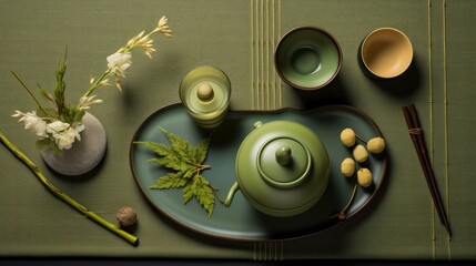  a green plate topped with a green tea pot next to a vase filled with white flowers and a pair of chopsticks.