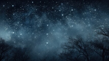  the night sky is full of stars and the trees are silhouetted against the dark blue sky with white stars.