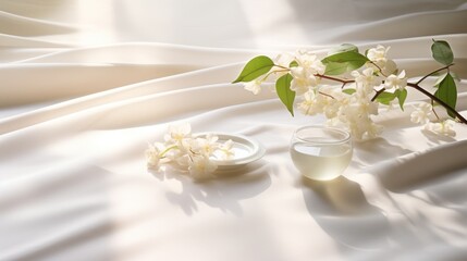  a vase filled with white flowers sitting on top of a bed next to a plate with a cup on it.