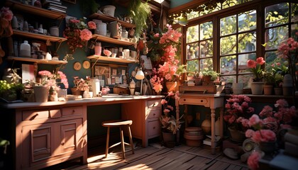 Vintage flower shop in the garden with flowers, plants and furniture - obrazy, fototapety, plakaty