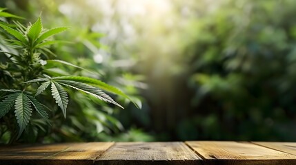Grüne Ästhetik: Holzregal für Cannabis-Produkte mit naturnahem Hintergrund - obrazy, fototapety, plakaty