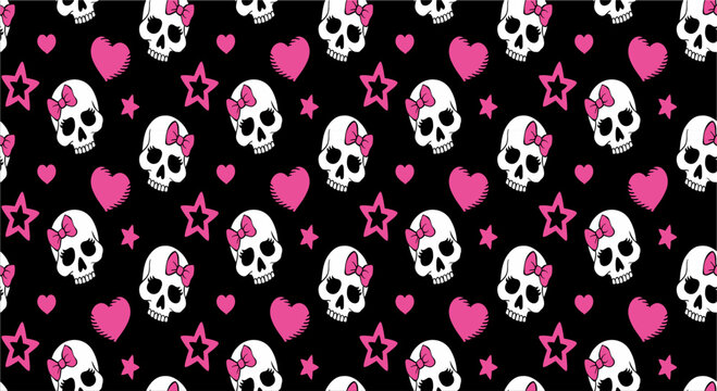 cute skulls on black background pattern