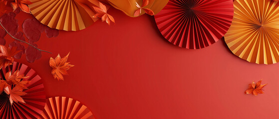 Obraz premium 2024 Chinese New Year Banner folding paper fans on red background.