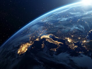 Europe from space. 3D illustration with detailed planet surface and visible city lights. Generative AI