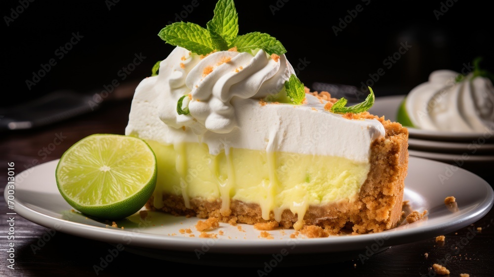 Poster a slice of key lime pie on a white plate with a lime wedge and whipped cream on top of it.