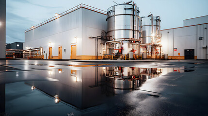 Obraz premium industrial facility at dusk, with shiny storage tanks and wet pavement reflecting the lights of the building and the evening sky