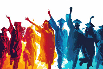 Silhouettes of joyous graduates jumping with delight against a radiant backdrop capture the exhilarating moment of graduation success. - obrazy, fototapety, plakaty