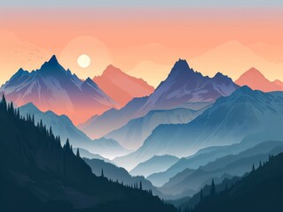 Fototapeta na wymiar Mountains and forest at sunset. illustration for your design. Generative AI
