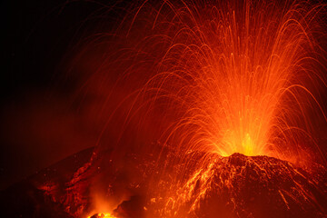 Eruptive vent with lava emis at the top of the Etna volcano