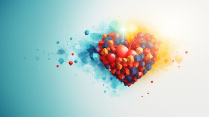A heart composed of colorful, sparkling fragments floats on a light blue backdrop, symbolizing vitality and care, perfect for World Health Day communications.