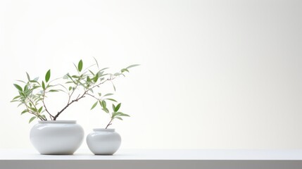  a couple of white vases sitting on top of a table with a plant in one of the vases.