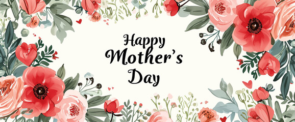 happy mothers day concept with flowers, plants, hearts, illustration background card banner, light cream backdrop, pattern with poppy flowers, green, red, pink, lush vegetation - obrazy, fototapety, plakaty