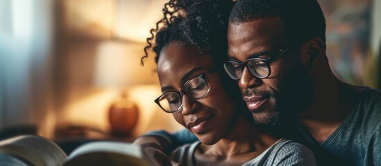 A black couple in their home, reading and exploring the spiritual teachings of Jesus through the Bible for their faith in God. - obrazy, fototapety, plakaty