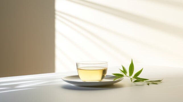  a glass of tea next to a plate with a green leaf on it on a table in front of a window.