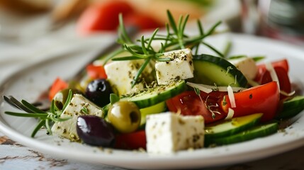 greek salad with feta, olives and cucumber - obrazy, fototapety, plakaty