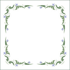 Fototapeta na wymiar Green floral frame with leaves and blue flowers, decorative corners for greeting cards, banners, business cards, invitations, menus. Isolated vector illustration. 