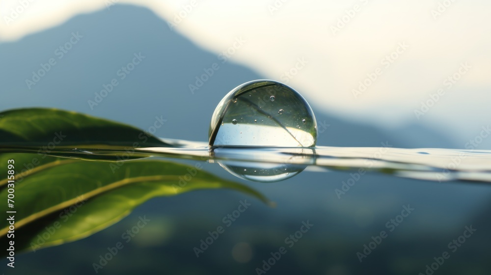 Poster a close up of a leaf with a drop of water on the end of it and a mountain in the background.