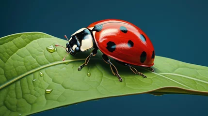 Fotobehang  a ladybug sitting on top of a green leaf with drops of water on it's back legs. © Olga