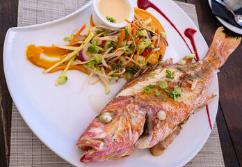 Grilled Fresh Red Snapper Served with Vegetable Salad on a Bed of Pureed Sweet Potatoes and on a...