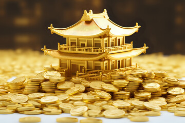 traditional Asian pagoda is modeled in gold, surrounded by mountains of gold coins, signifying...