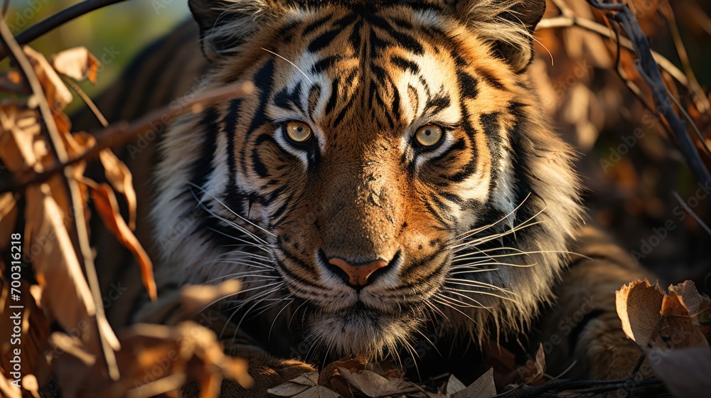 Poster a close up of a tiger in a tree with leaves on the ground and behind it is a wire fence.