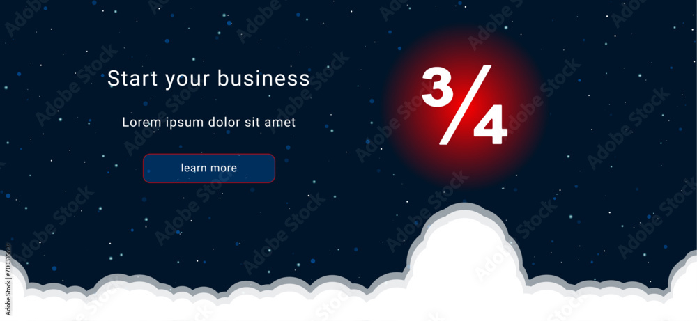 Poster business startup concept landing page screen. the three quarters symbol on the right is highlighted 
