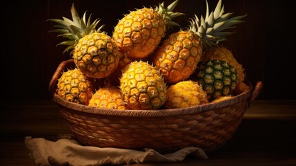  a basket filled with lots of pineapples on top of a wooden table next to a piece of cloth.
