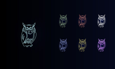 A set of neon owl symbols. Set of different color symbols, faint neon glow. Vector illustration on black background