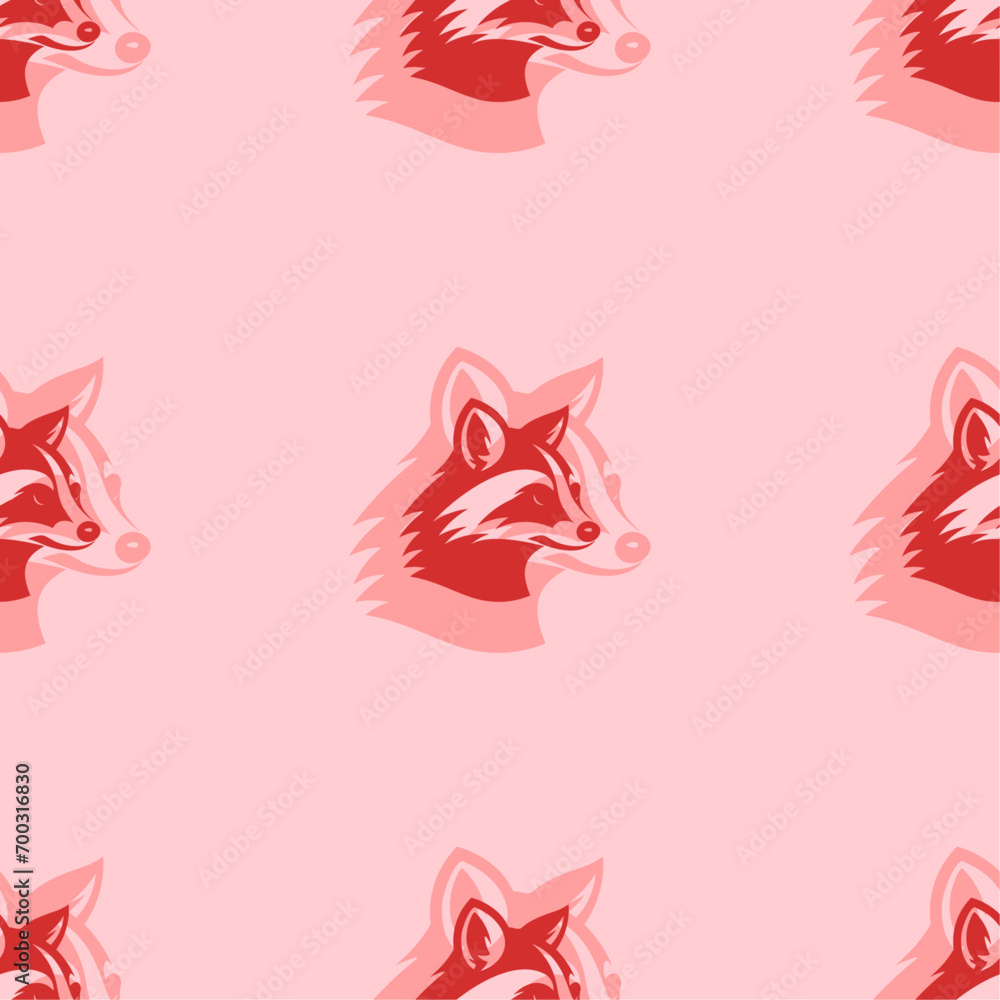 Poster seamless pattern of large isolated red raccoon head symbols. the elements are evenly spaced. vector 
