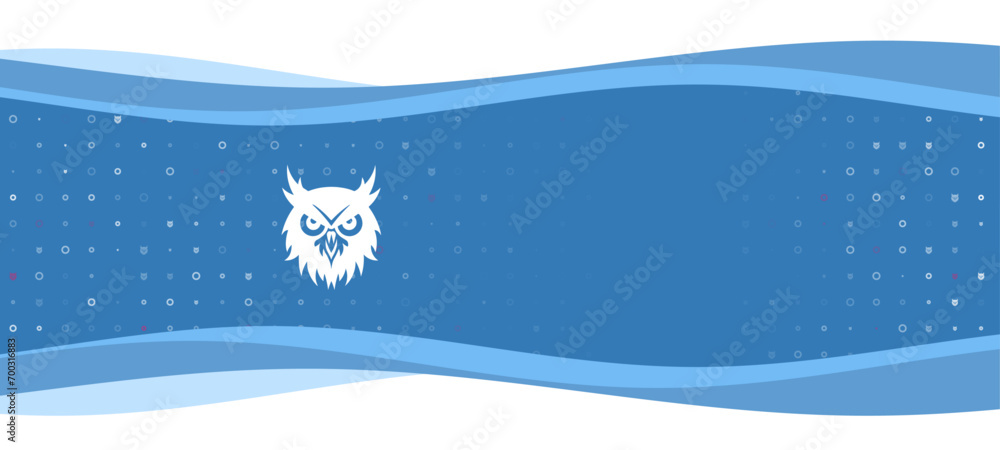 Poster blue wavy banner with a white owl head symbol on the left. on the background there are small white s
