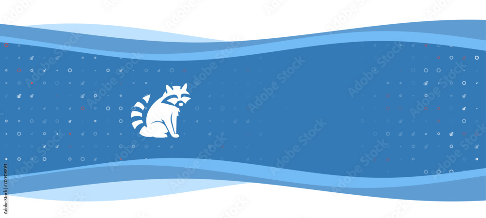 Poster blue wavy banner with a white raccoon symbol on the left. on the background there are small white sh